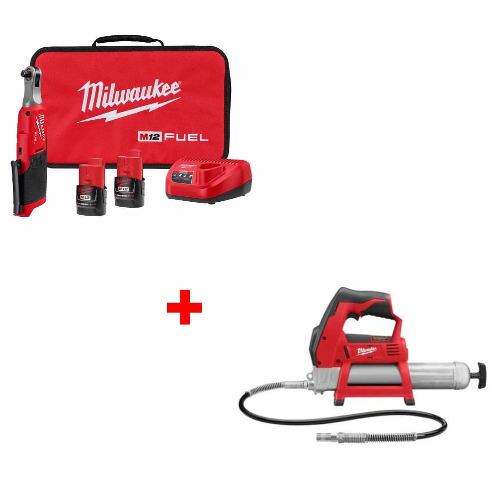 Milwaukee 2567-22 M12 FUEL 3/8" Ratchet Kit w/ FREE 2446-20 M12 Grease Gun, Bare