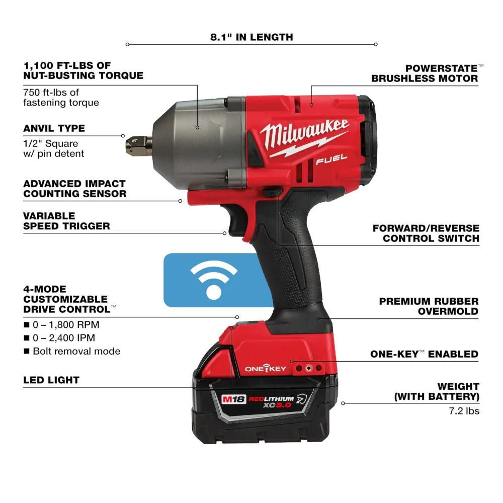 Milwaukee 2862-22R M18 FUEL w/ ONE-KEY High Torque Impact Wrench 1/2" Pin Detent Kit - 2