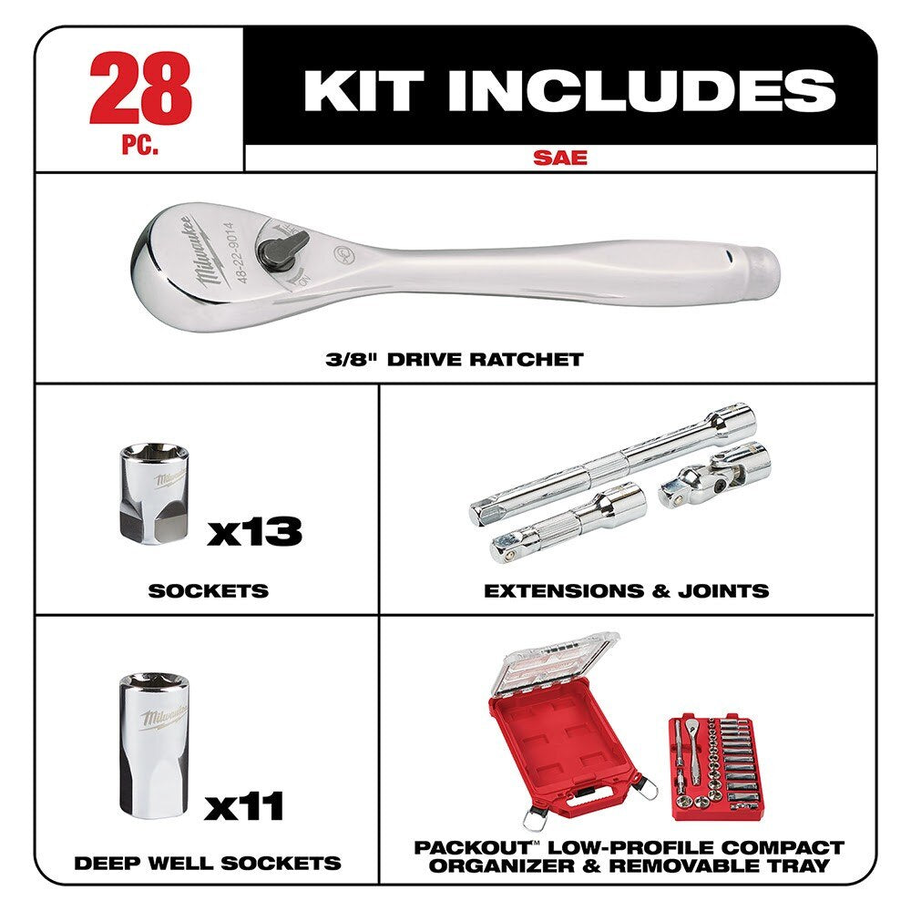 Milwaukee 48-22-9481 3/8” 28pc Ratchet and Socket Set in PACKOUT - SAE - 2