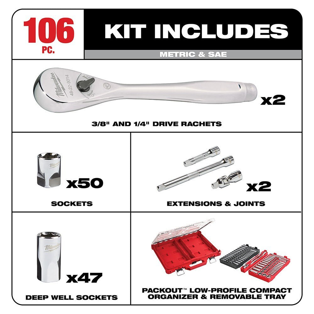 Milwaukee 48-22-9486 1/4" & 3/8” 106pc Ratchet and Socket Set in PACKOUT - SAE & Metric - 2