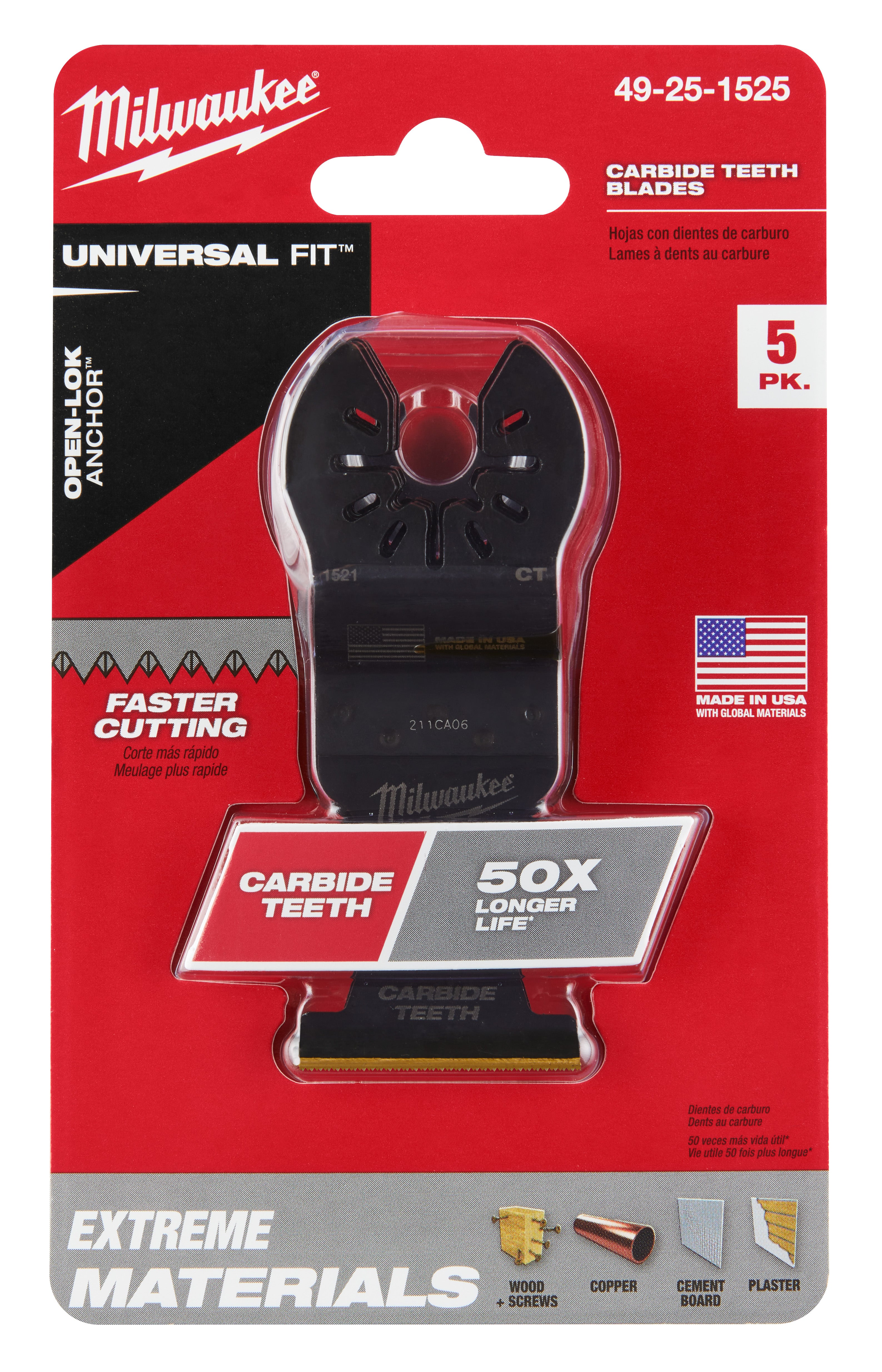 Milwaukee 49-25-1525 Milwaukee® OPEN-LOK™ 1-3/8" TITANIUM ENHANCED CARBIDE TEETH MULTI-MATERIAL BLADE 5PK - 2