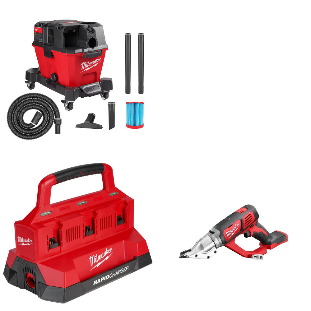 Milwaukee M18 FUEL 6 Gal Wet/Dry Vac Kit W/ Six Bay Charger and Shear