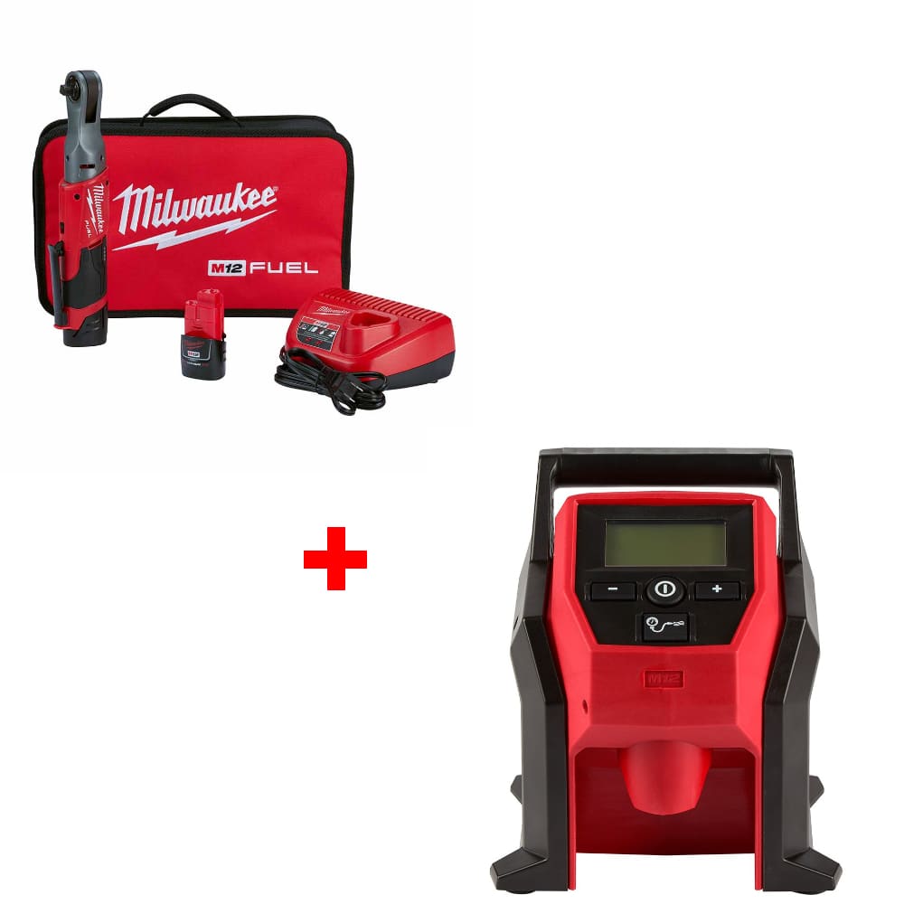Milwaukee 2557-22 M12 FUEL 3/8" Ratchet Kit w/ FREE 2475-20 M12 Compact Inflator