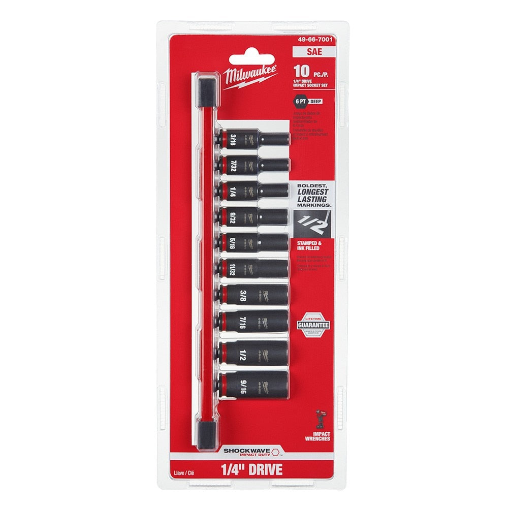 Milwaukee 49-66-7001 10PC SHOCKWAVE Impact Duty™  1/4" Drive SAE Deep 6 Point Socket Set